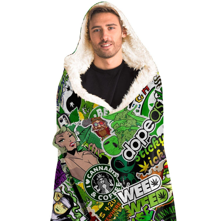 Cannabis Stickerbomb Sherpa Hooded Blanket - ThatGeekLyfe