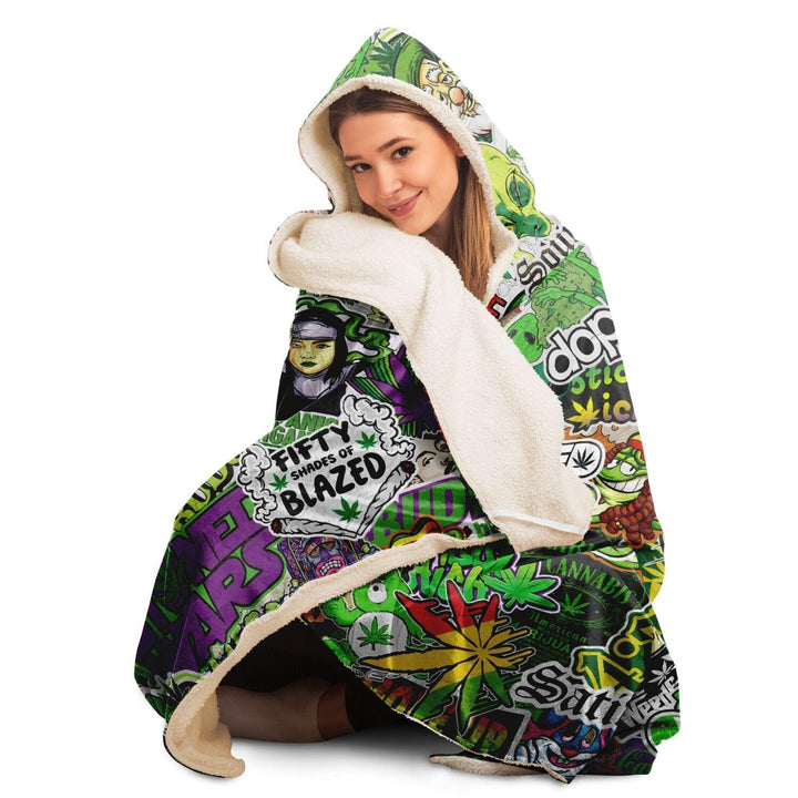 Cannabis Stickerbomb Sherpa Hooded Blanket - ThatGeekLyfe