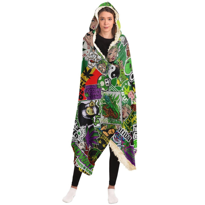Cannabis Stickerbomb Sherpa Hooded Blanket - ThatGeekLyfe