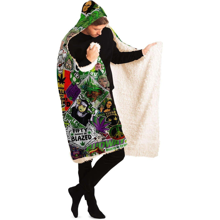 Cannabis Stickerbomb Sherpa Hooded Blanket - ThatGeekLyfe